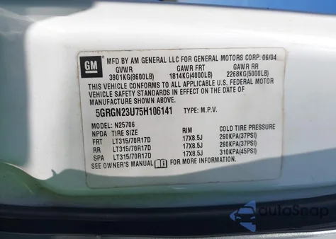 2005 Hummer H2 Suv z USA, uszkodzony, nr VIN 5GRGN23U75H106141